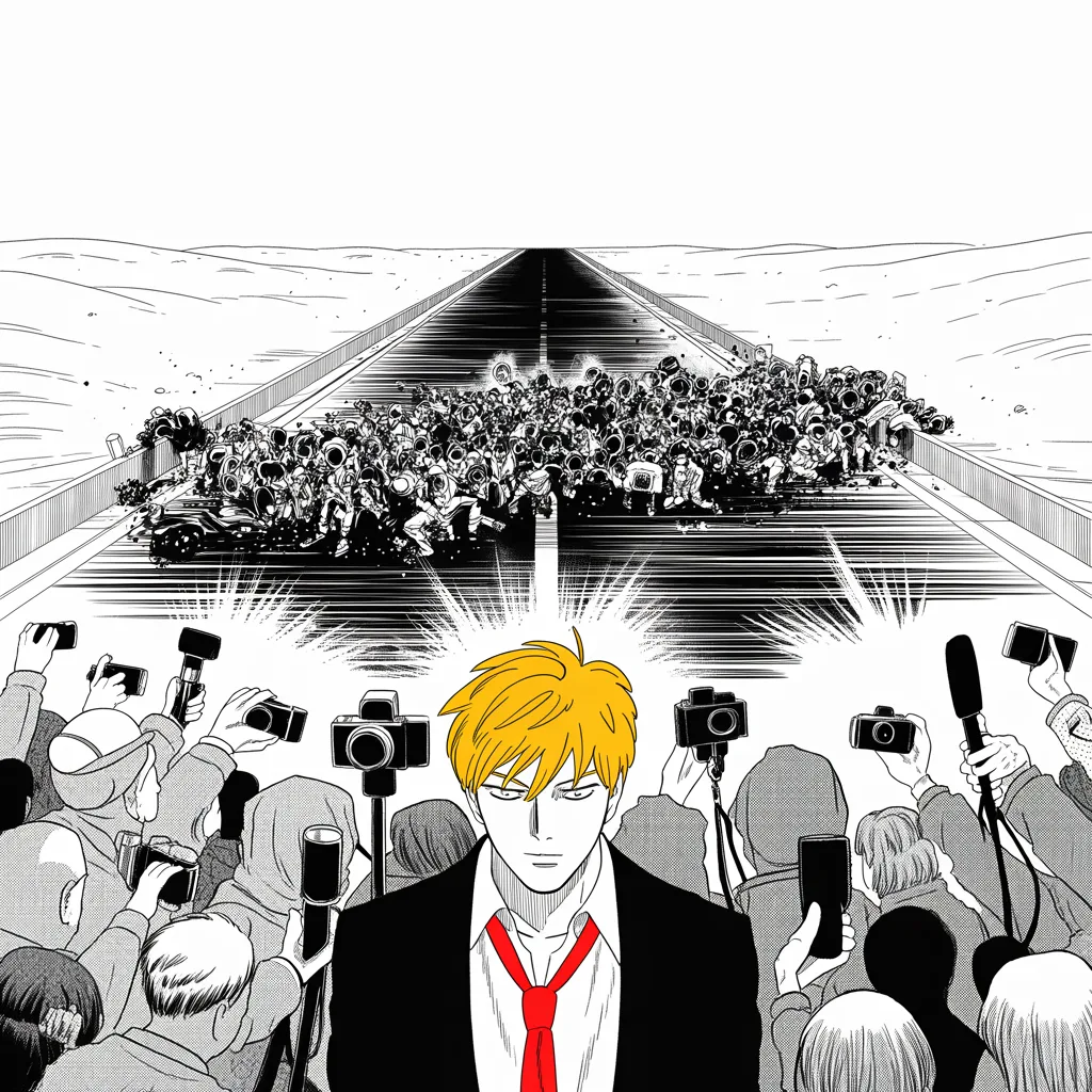 Manga panel 4 of 5, Week 40 “The Ides of March”: a desert highway blocked by a churning halftone mob under harsh sun across the lower half of the frame, overturned barriers, while a crowd of featureless figures with camera lenses for faces and a…