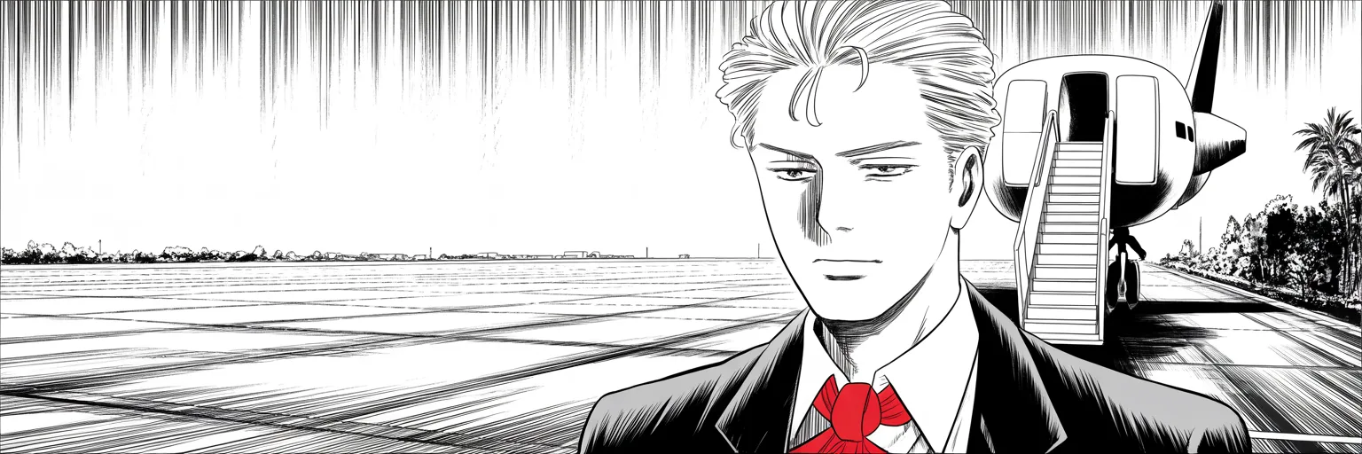 Manga panel 5 of 5, Week 40 “The Ides of March”: a slim dignified man, graying close-cropped hair, calm bearing descends an aircraft stairway onto a rain-slicked empty tarmac on the right half of the frame in a foreign capital, no delegation…
