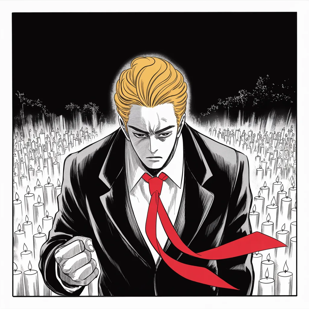 Manga panel 2 of 5, Week 41 “Ashes and the Drawn Blade”: imposing older man with a sweeping golden pompadour mane, heavy brow, small intense eyes, strong jowled jaw, long dark suit, very long red necktie flowing like a battle banner stands head bowed in…