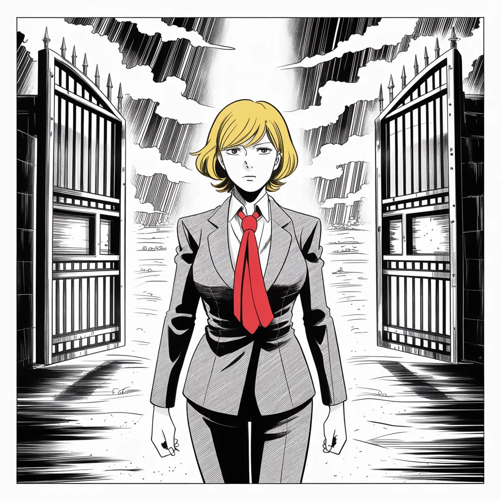 Manga panel 3 of 5, Week 41 “Ashes and the Drawn Blade”: composed older woman with short blonde hair, tailored pantsuit like armor plating, measured strategist's gaze stands unmoved in the middle strip of the frame before colossal iron gates swung wide…