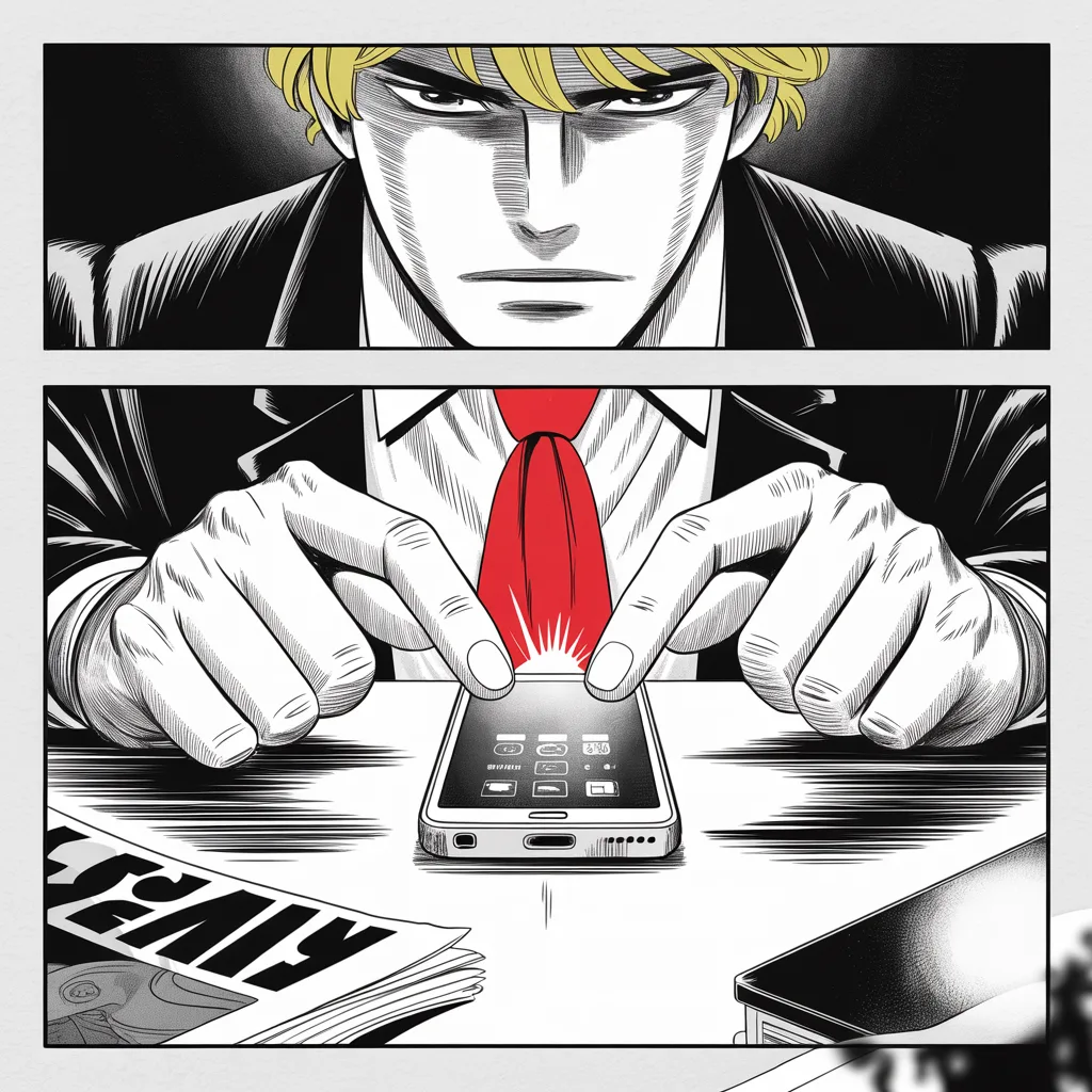 Manga panel 4 of 5, Week 41 “Ashes and the Drawn Blade”: extreme close-up across the middle strip of the frame of thumbs poised over a glowing phone screen in a dark room, harsh light carving a heavy brow and jowled jaw from shadow, a torn glossy magazine…