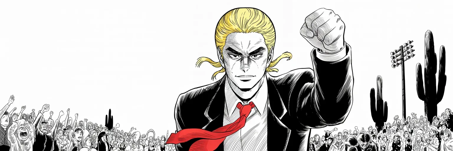 Manga panel 5 of 5, Week 41 “Ashes and the Drawn Blade”: Ultra-wide cinemascope desert night rally: imposing older man with a sweeping golden pompadour mane, heavy brow, small intense eyes, strong jowled jaw, long dark suit, very long red necktie flowing…