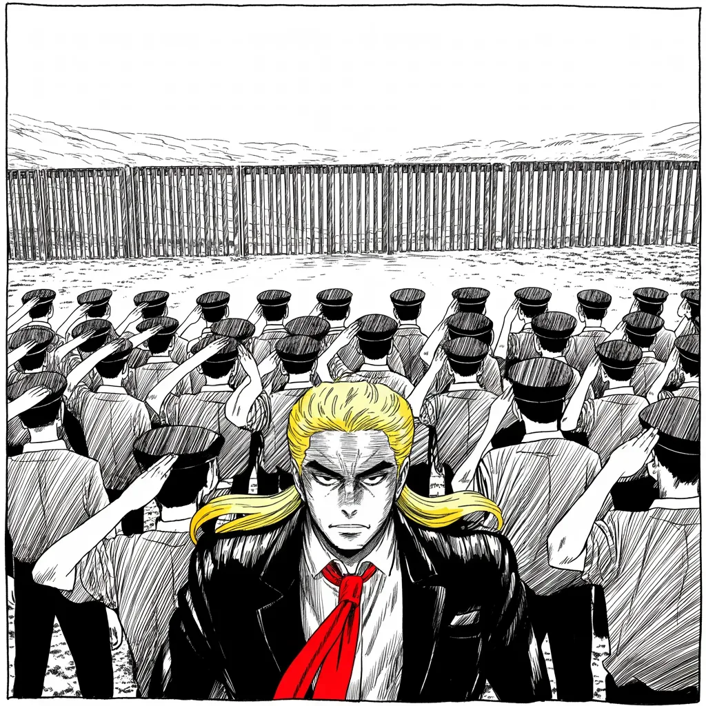 Manga panel 2 of 5, Week 42 “What Is in Her Hand?”: rows of faceless uniformed patrol agents salute across the lower half of the frame before a towering steel border fence in desert light; imposing older man with a sweeping golden pompadour mane and…