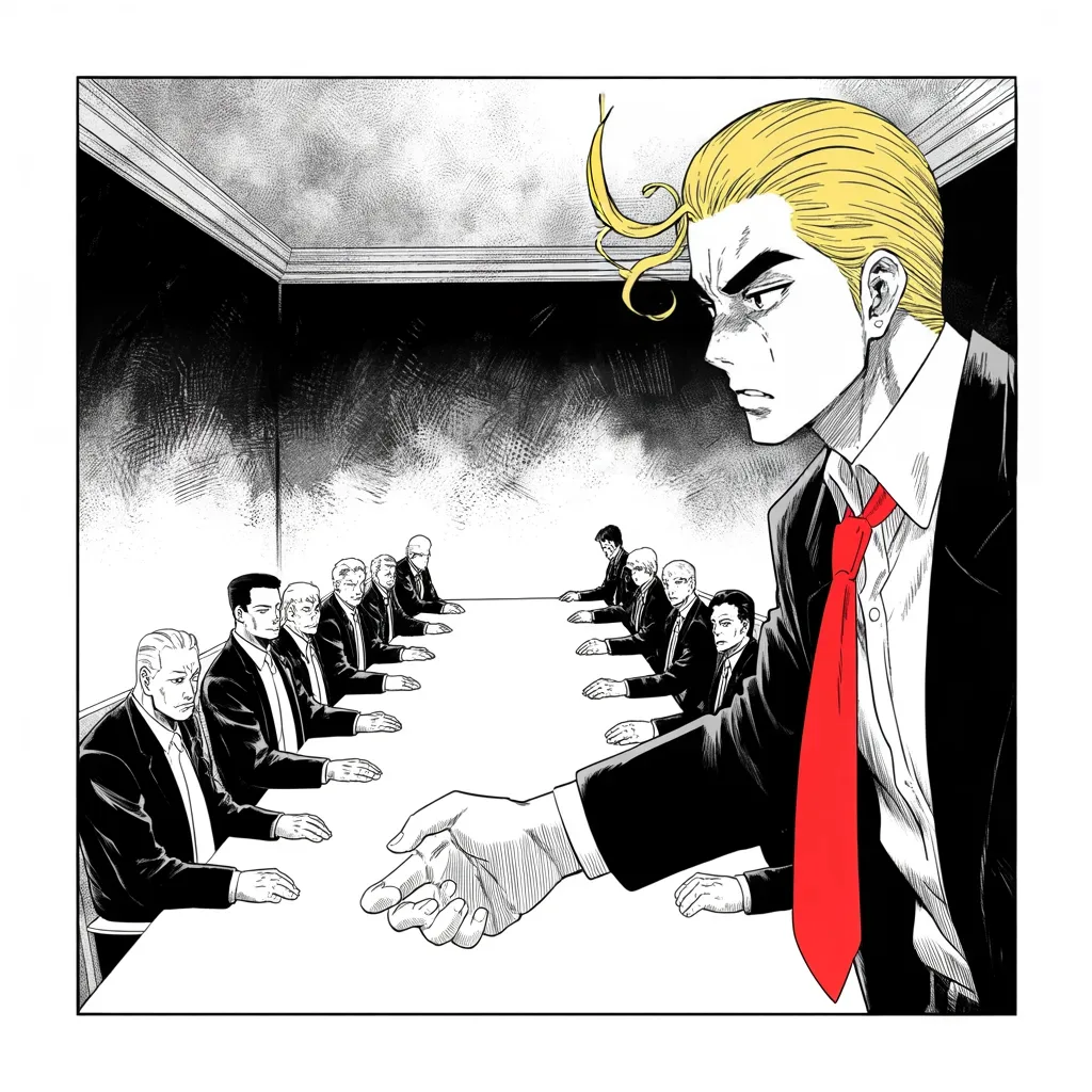 Manga panel 3 of 5, Week 42 “What Is in Her Hand?”: long shadowed council chamber, party elders seated as dark silhouettes down a table across the lower half of the frame; imposing older man with a sweeping golden pompadour mane, strong jowled jaw…