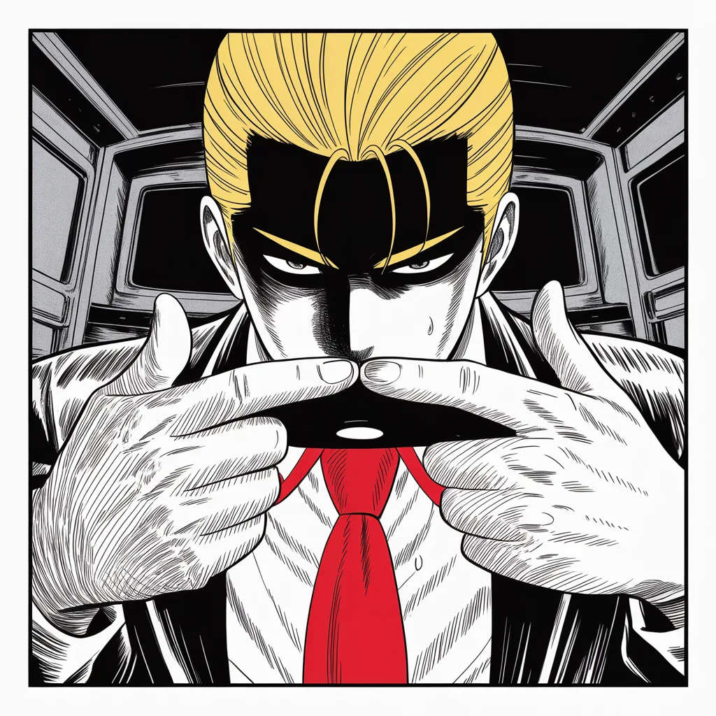 Manga panel 4 of 5, Week 42 “What Is in Her Hand?”: extreme close-up of thumbs poised over a glowing phone screen in a dim cabin filling the upper half of the frame, the glow carving a heavy brow and small intense eyes out of darkness, light rising…