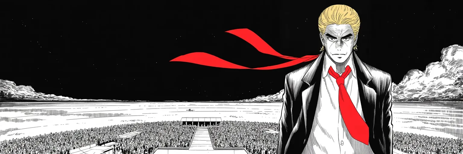 Manga panel 5 of 5, Week 42 “What Is in Her Hand?”: Ultra-wide cinemascope night over a vast midwestern plain: imposing older man with a sweeping golden pompadour mane, long dark suit, very long red necktie flowing like a battle banner stands alone…