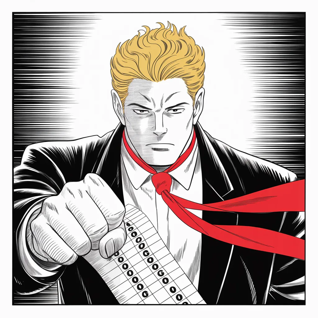 Manga panel 2 of 5, Week 43 “The Colorado Heist”: imposing older man with a sweeping golden pompadour mane, heavy brow, small intense eyes, strong jowled jaw, long dark suit, very long red necktie flowing like a battle banner, shot from below in…