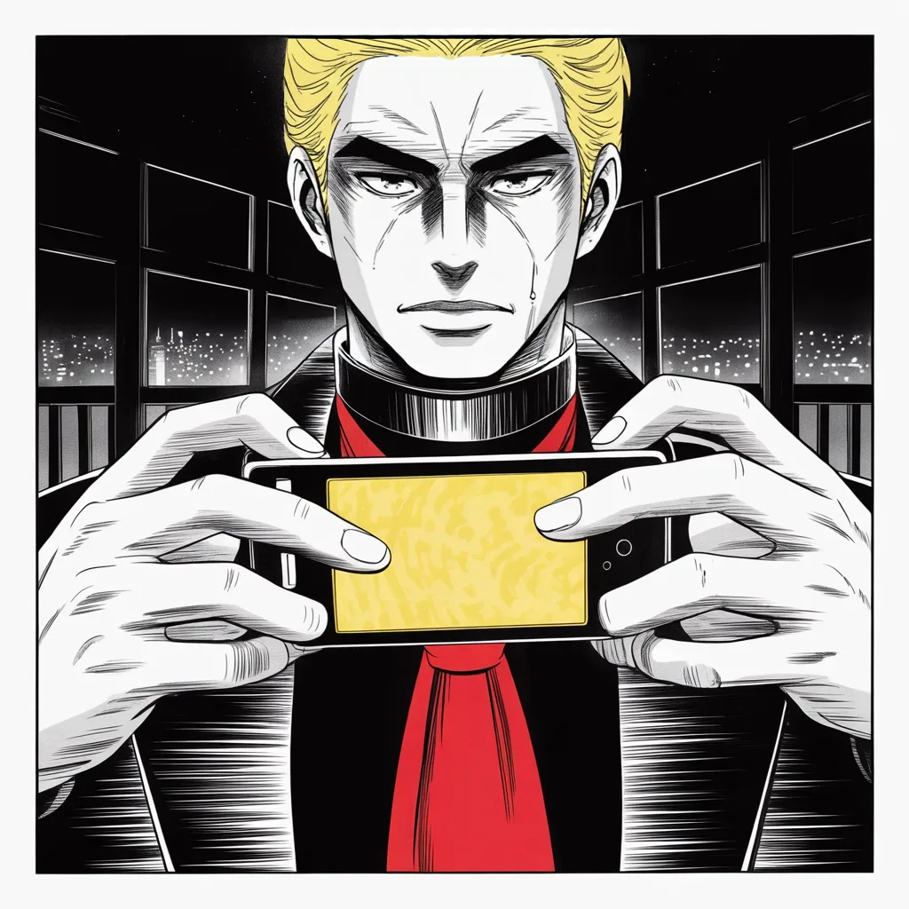 Manga panel 3 of 5, Week 43 “The Colorado Heist”: extreme close-up of thumbs over a glowing phone screen in a dark tower bedroom across the upper half of the frame, the glow carving a heavy brow and small intense eyes out of blackness, city lights…