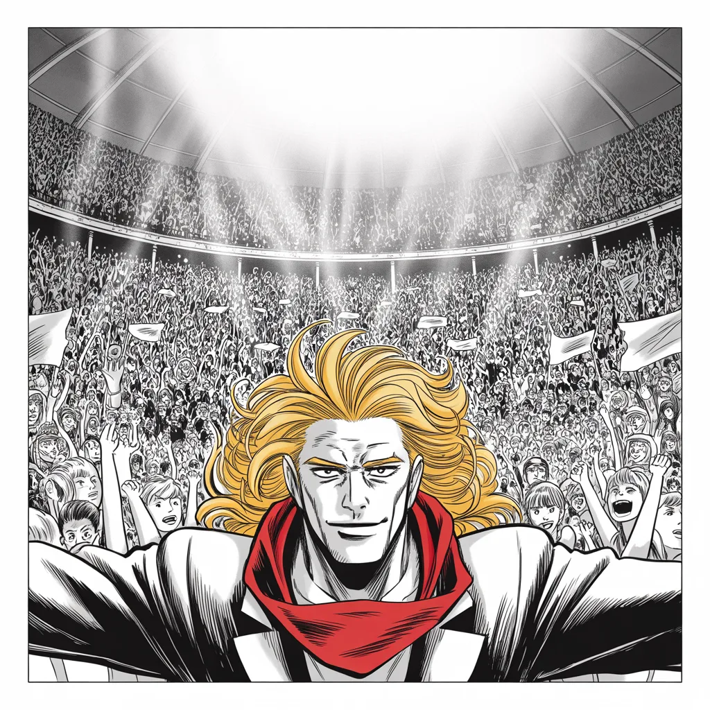 Manga panel 4 of 5, Week 43 “The Colorado Heist”: vast arena packed with a roaring halftone crowd across the lower half of the frame, banners and raised fists; imposing older man with a sweeping golden pompadour mane, strong jowled jaw, very long…