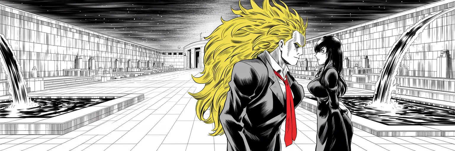 Manga panel 5 of 5, Week 43 “The Colorado Heist”: twin memorial reflecting pools carved into stone at dusk on the right half of the frame, water falling into darkness; imposing older man with a sweeping golden pompadour mane and long dark suit…