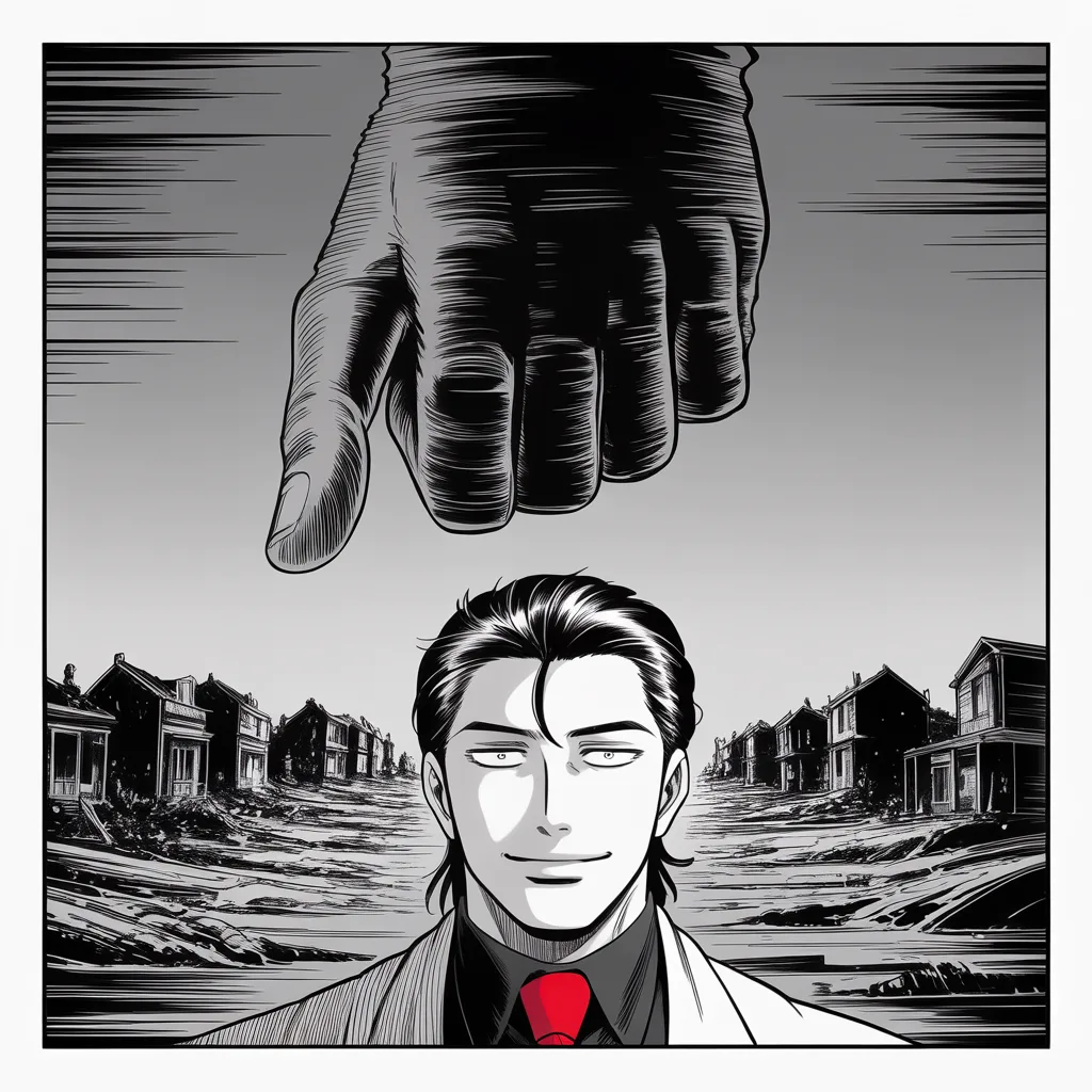 Manga panel 2 of 5, Week 44 “The Son of Queens”: round-faced man with slick dark hair, hooded eyes, thin smile stands small in the lower half of the frame before a storm-wrecked shoreline of ruined houses; an accusing pointed finger and the shadow…