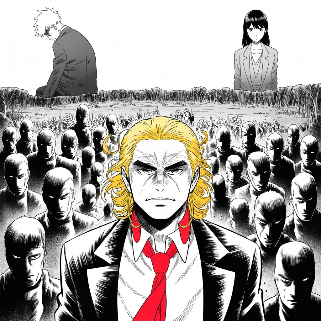 Manga panel 4 of 5, Week 44 “The Son of Queens”: imposing older man with a sweeping golden pompadour mane, very long red necktie stands in the middle strip of a battlefield between armies of shadow, seventeen crumbling rival silhouettes behind him…