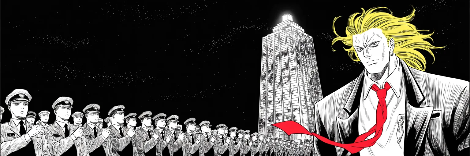 Manga panel 5 of 5, Week 44 “The Son of Queens”: Ultra-wide cinemascope night: a glass tower shot like a fortress keep rising on the right half of the frame, its summit lit; rows of faceless uniformed police veterans salute in formation along the…