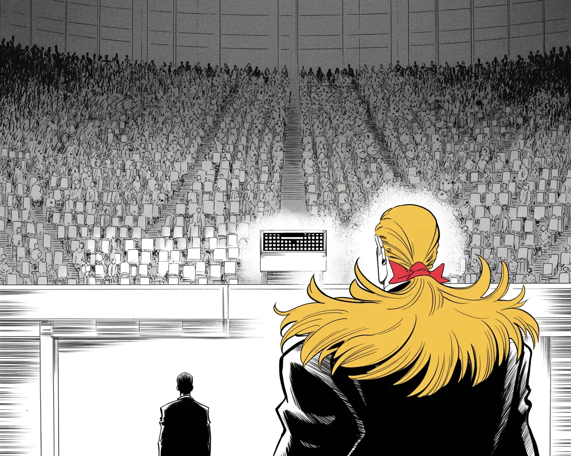Manga panel 2 of 4, Week 45 “Mathematically Eliminated”: Black and white manga panel: an imposing older man with a sweeping golden pompadour mane seen entirely from behind along the bottom edge of the frame, shoulders and head silhouetted small at bottom…