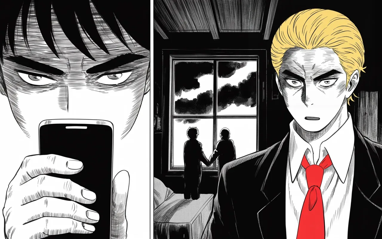 Manga panel 3 of 4, Week 45 “Mathematically Eliminated”: Wide night interior: extreme close-up of thumbs over a glowing phone screen in a pitch-dark tower bedroom on the left half of the frame, the glow carving a heavy brow and small intense eyes out of…