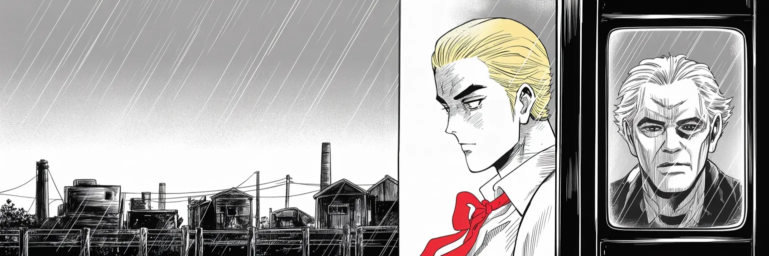 Manga panel 4 of 4, Week 45 “Mathematically Eliminated”: Ultra-wide cinemascope shot through a rain-streaked train window: rusted factory hulks, dead smokestacks and broken fences slide past along the bottom and right of the frame under a gray sky…
