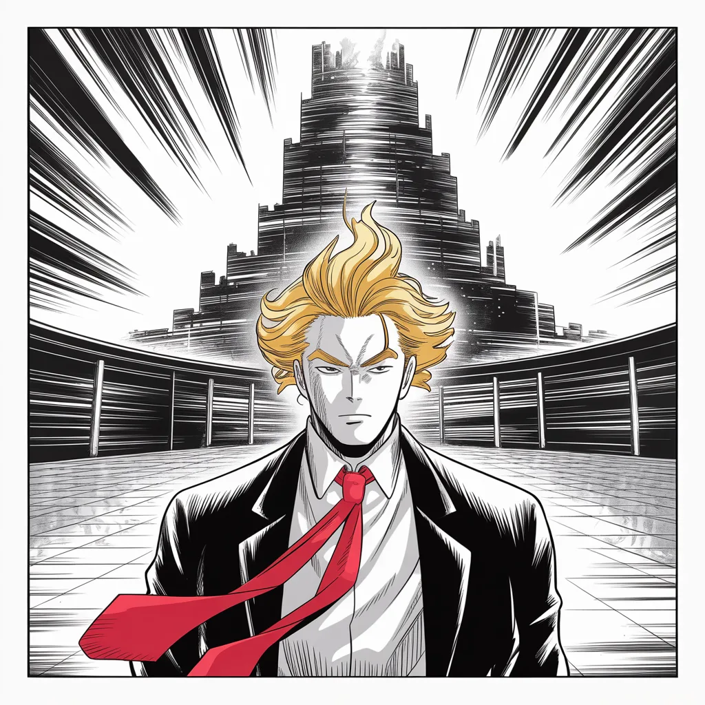 Manga panel 2 of 5, Week 46 “Five States, One Night”: imposing older man with a sweeping golden pompadour mane, heavy brow, small intense eyes, strong jowled jaw, long dark suit, very long red necktie flowing like a battle banner stands before a…