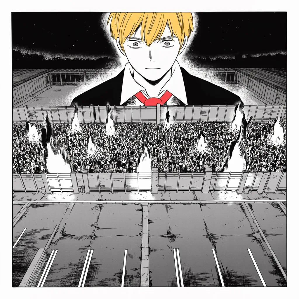 Manga panel 3 of 5, Week 46 “Five States, One Night”: Black and white manga panel: high aerial night view of a vast fenced fairground, a rally crowd rendered as thousands of tiny dot-sized silhouettes packed in the exact middle horizontal strip of the…