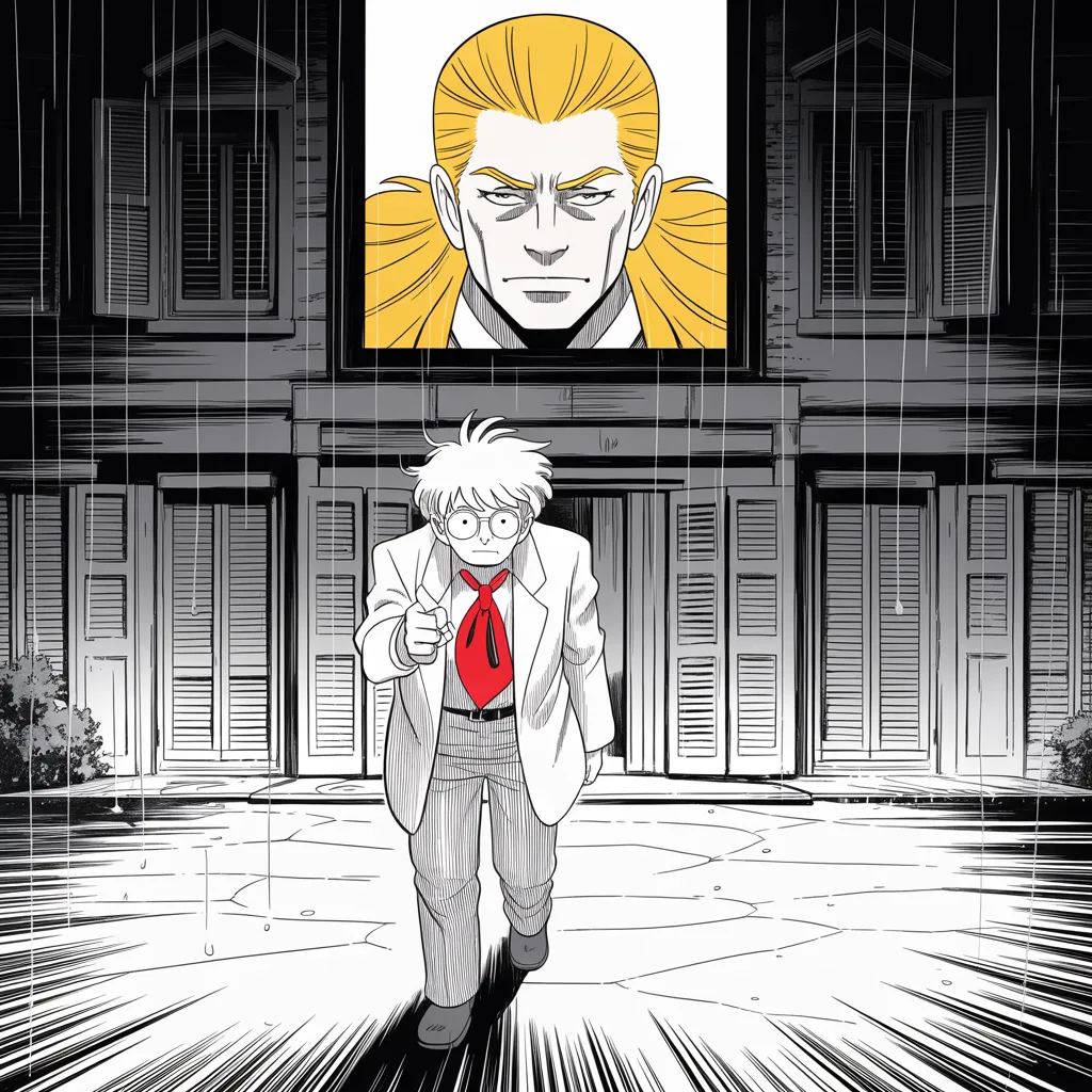 Manga panel 4 of 5, Week 46 “Five States, One Night”: stooped elderly man with flyaway white hair, round glasses, pointing finger stands alone in falling rain before a shuttered hall across the middle band of the square frame; far above, framed in a…