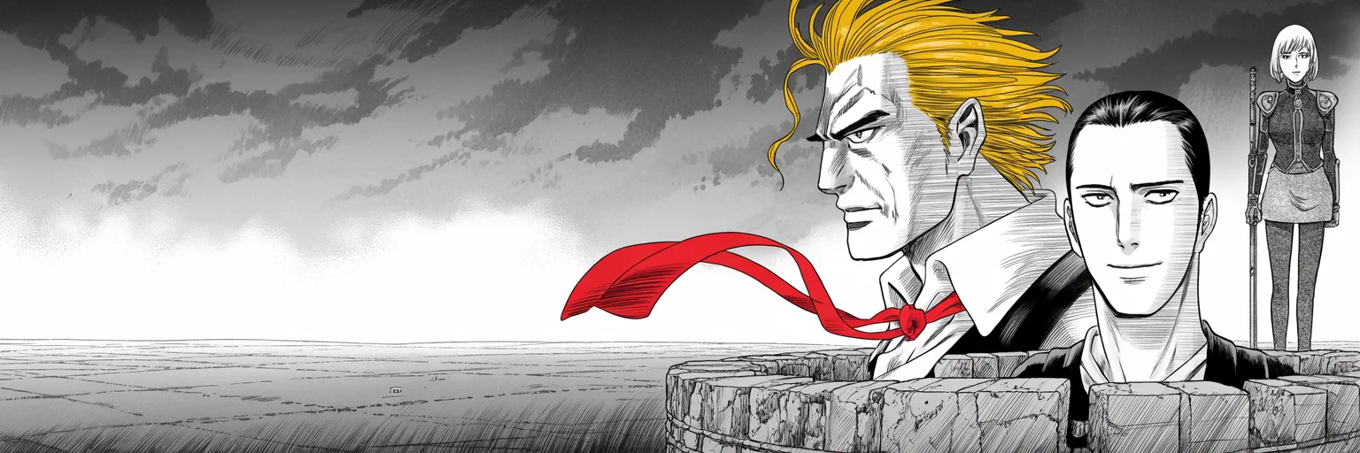Manga panel 5 of 5, Week 46 “Five States, One Night”: ultra-wide storm-lit plain at dawn: imposing older man with a sweeping golden pompadour mane, heavy brow, very long red necktie flowing like a battle banner marches across the right half of the…
