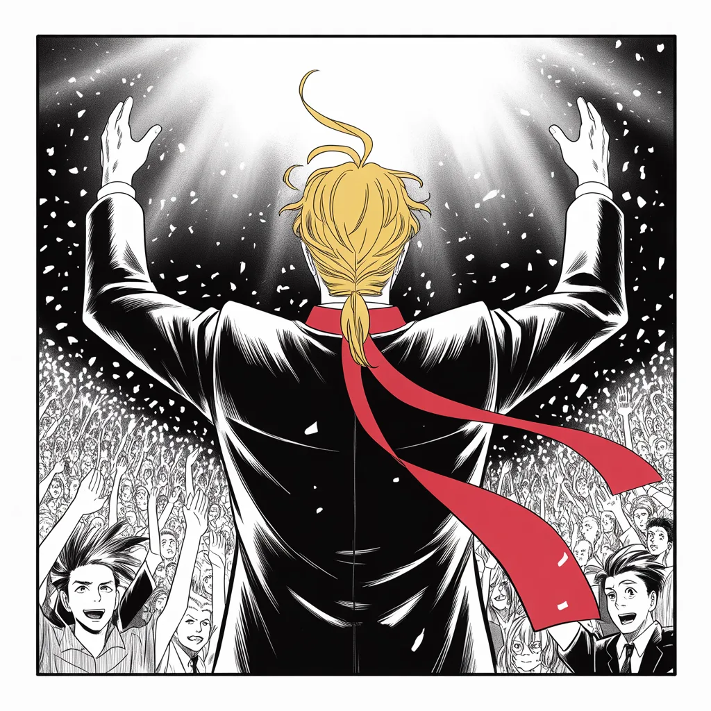 Manga panel 2 of 5, Week 47 “The Field Stands Empty”: shot from behind and below, an imposing older man with a sweeping golden pompadour mane haloed in stage light, seen entirely from the back so his face is hidden, long dark suit, very long red…