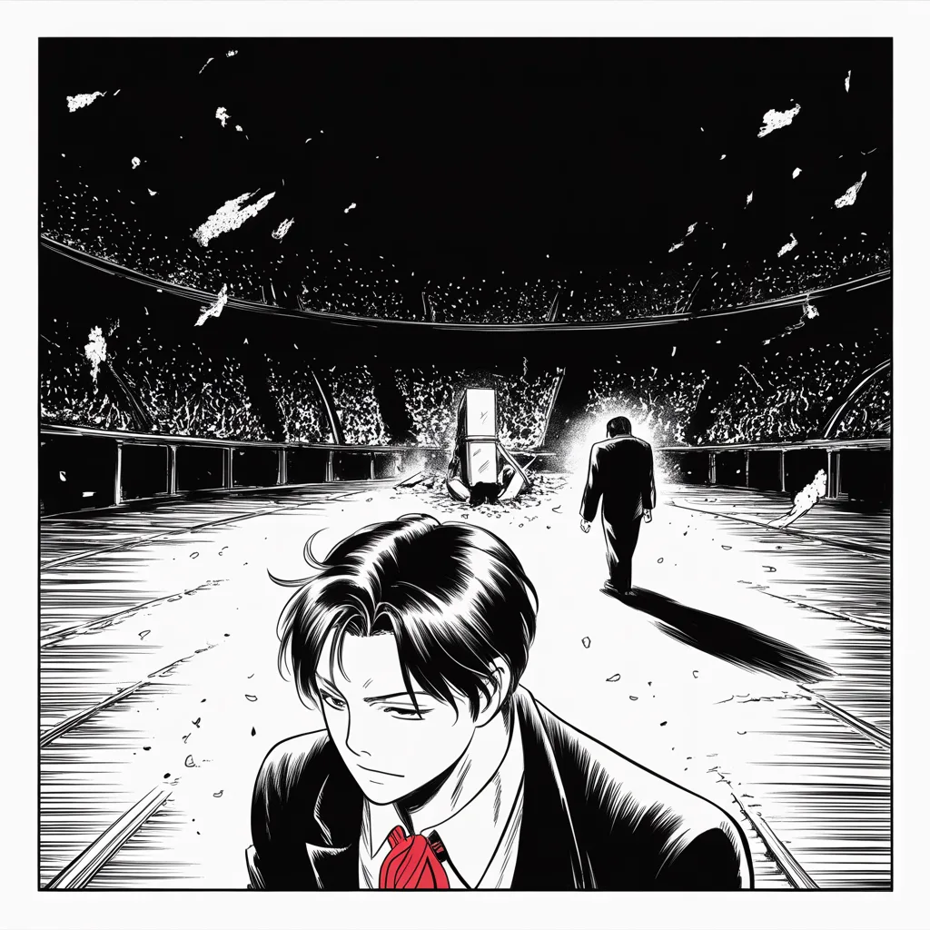 Manga panel 3 of 5, Week 47 “The Field Stands Empty”: a round-faced man with slick dark hair and hooded eyes walks alone into darkness away from a shattered podium across the lower half of the square frame, shoulders bowed, his long shadow stretching…