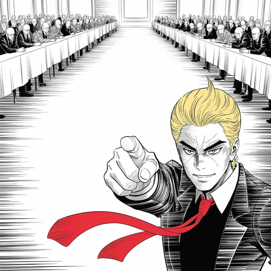 Manga panel 4 of 5, Week 47 “The Field Stands Empty”: vast marble party hall, rows of shadowed elder figures look down from high benches along the top of the square frame; alone at the center, imposing older man with a sweeping golden pompadour mane…