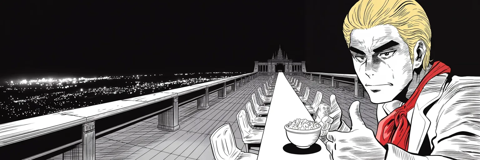 Manga panel 5 of 5, Week 47 “The Field Stands Empty”: ultra-wide summit of a fortress-like tower: at the right half of the frame an imposing older man with a sweeping golden pompadour mane, heavy brow, small intense eyes, strong jowled jaw grins over a…