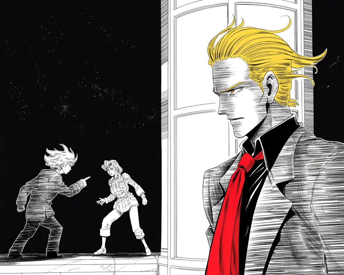 Manga panel 2 of 4, Week 48 “The Capital Bends the Knee”: night at a tower summit: a tall window fills the right half of the frame where an imposing older man with a sweeping golden pompadour mane and very long red necktie stands in silhouette watching two…