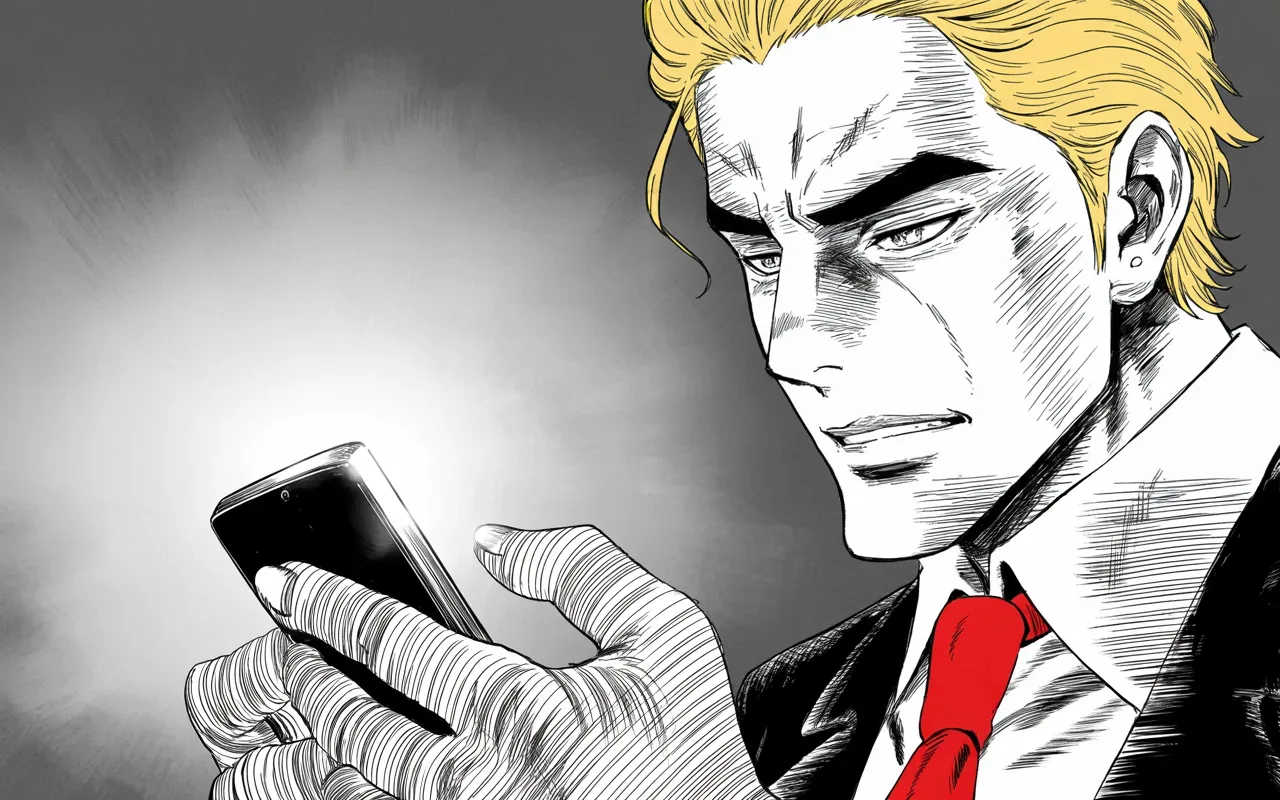 Manga panel 3 of 4, Week 48 “The Capital Bends the Knee”: extreme close-up filling the right half of the frame: heavy thumbs hovering over a glowing phone screen in gray dawn light, the glow carving chiaroscuro shadows across a strong jowled jaw and heavy…