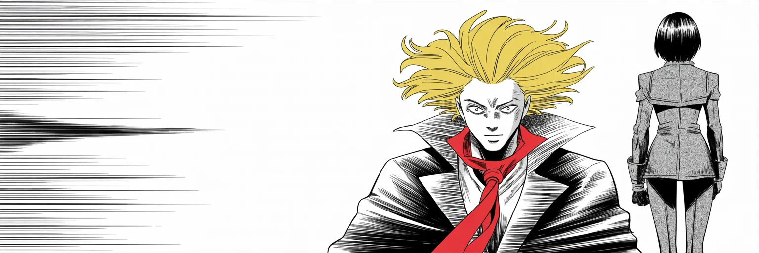 Manga panel 4 of 4, Week 48 “The Capital Bends the Knee”: ultra-wide shot from below: imposing older man with a sweeping golden pompadour mane haloed, small intense eyes, very long red necktie flowing like a battle banner, a rising battle aura crackling…
