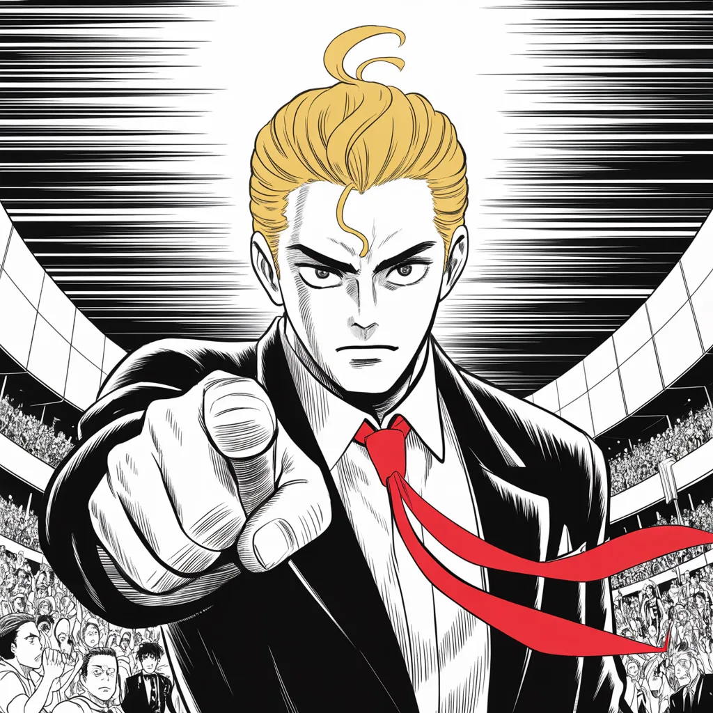 Manga panel 2 of 5, Week 49 “The Duel Is Joined”: low-angle shot of imposing older man with a sweeping golden pompadour mane, heavy brow, small intense eyes, strong jowled jaw, long dark suit, very long red necktie flowing like a battle banner…