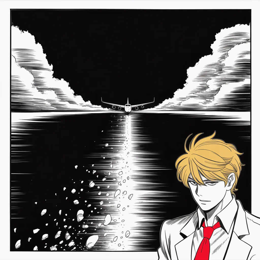 Manga panel 3 of 5, Week 49 “The Duel Is Joined”: a lone airliner contrail breaks apart over a black moonlit sea along the middle band of the square frame, debris scattering like falling petals, heavy halftone clouds banked at the horizon, dramatic…