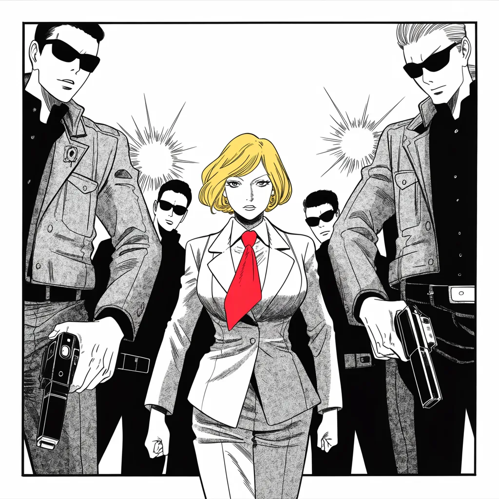 Manga panel 4 of 5, Week 49 “The Duel Is Joined”: composed older woman with short blonde hair, tailored pantsuit like armor plating, measured strategist's gaze walks across the lower half of the square frame flanked by broad-shouldered bodyguards…