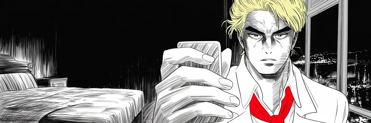 Manga panel 5 of 5, Week 49 “The Duel Is Joined”: ultra-wide: extreme close-up of thumbs hovering over a glowing phone screen in a darkened tower bedroom on the right half of the frame, the pale light carving a heavy-browed face out of blackness…
