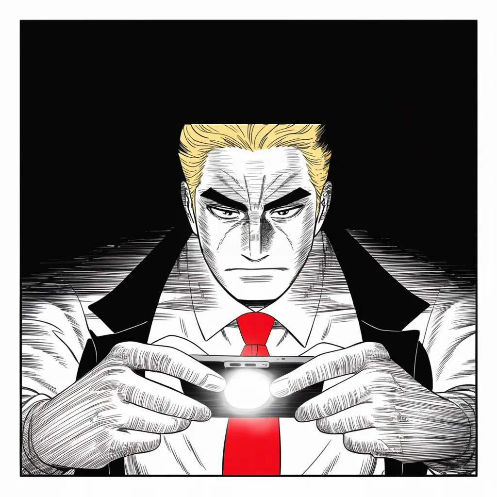 Manga panel 2 of 5, Week 50 “The Number Falls”: pitch-dark bedroom at a tower summit, extreme close-up of heavy thumbs over a glowing phone screen in the lower middle of the square frame, the glow carving a heavy brow and strong jowled jaw from…