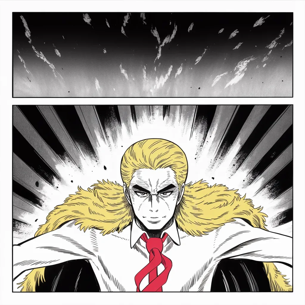 Manga panel 3 of 5, Week 50 “The Number Falls”: shot from below across the middle band of the square frame: imposing older man with a sweeping golden pompadour mane haloed like a helmet, small intense eyes blazing, very long red necktie flowing…