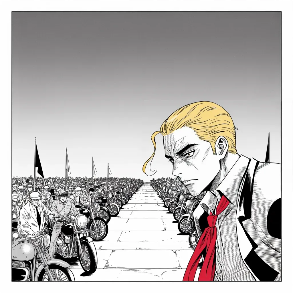 Manga panel 4 of 5, Week 50 “The Number Falls”: gray morning at a white marble memorial across the lower half of the square frame, a sea of motorcycles and weathered veterans in halftone; an imposing older man with a sweeping golden pompadour…
