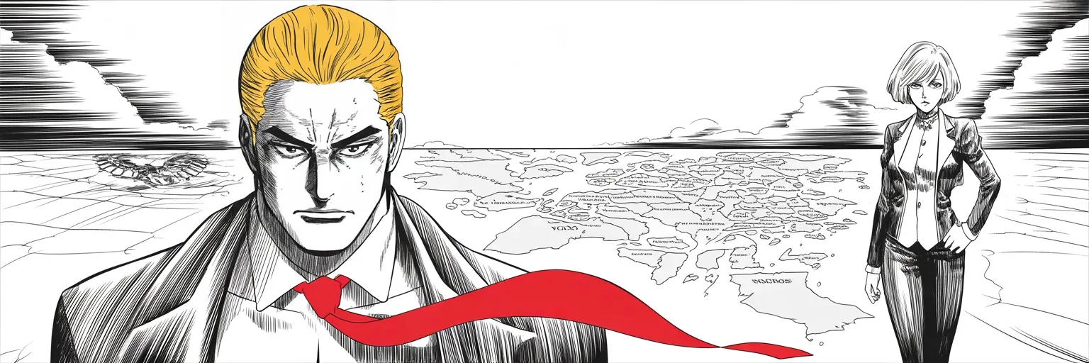 Manga panel 5 of 5, Week 50 “The Number Falls”: ultra-wide: imposing older man with a sweeping golden pompadour mane, heavy brow, very long red necktie flowing like a battle banner strides across a vast war map of conquered states covering the…