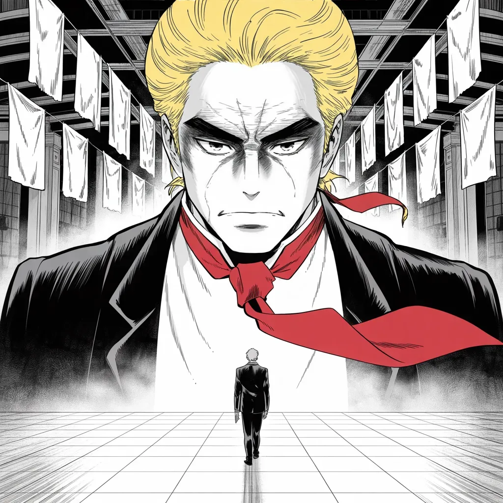 Manga panel 2 of 5, Week 51 “Framed by the Dead”: imposing older man with a sweeping golden pompadour mane, heavy brow, small intense eyes, strong jowled jaw, long dark suit, very long red necktie flowing like a battle banner receives the bow of a…