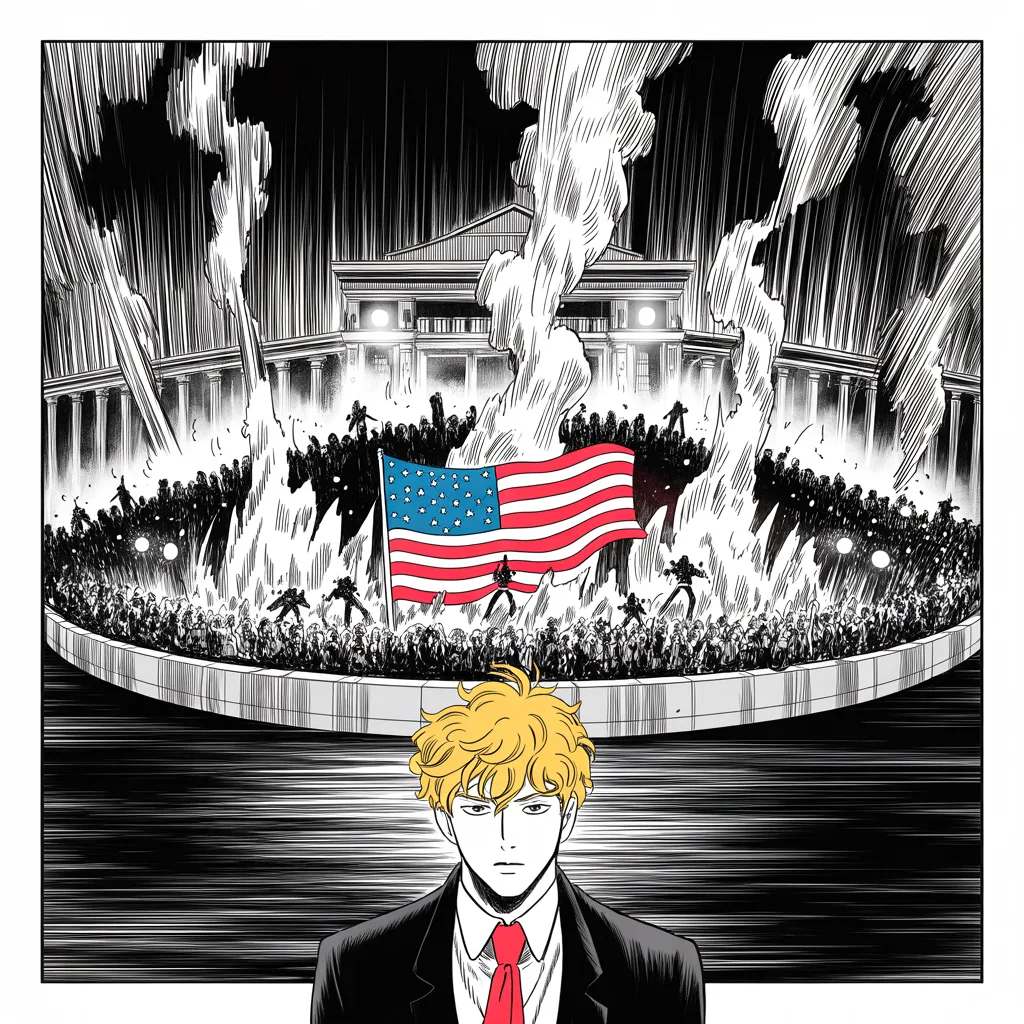 Manga panel 3 of 5, Week 51 “Framed by the Dead”: an American flag burns in a night street outside a rally hall along the middle band of the square frame, halftone mob silhouettes circling the flames, police lights streaking through smoke, embers…