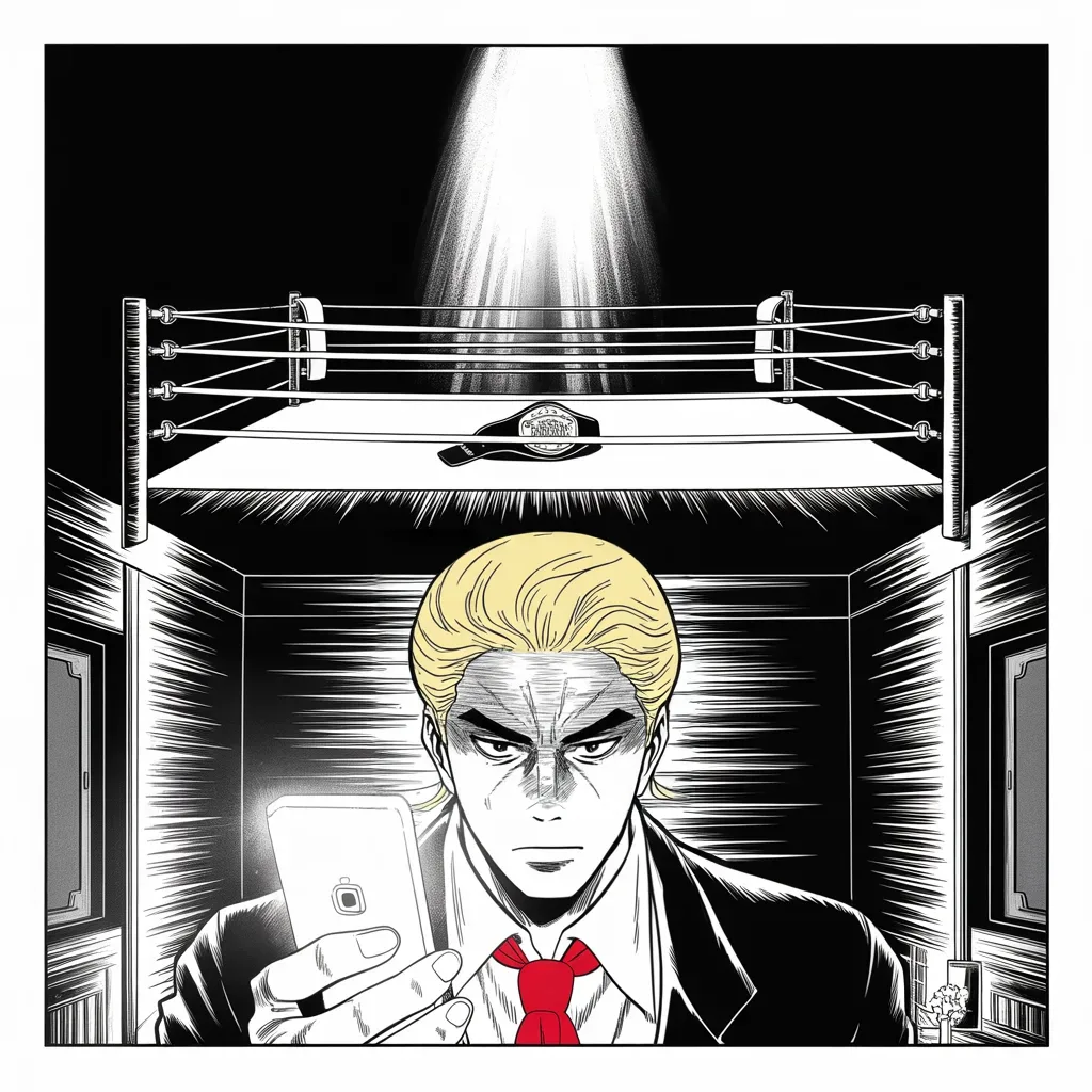 Manga panel 4 of 5, Week 51 “Framed by the Dead”: in a darkened tower bedroom a glowing phone lights a heavy-browed face from below in the lower half of the square frame; beyond the window an empty boxing ring floats in blackness under a single…