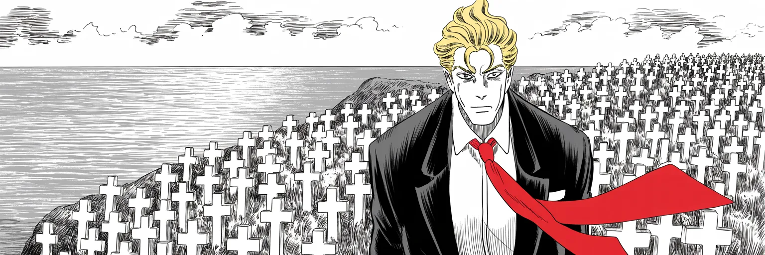 Manga panel 5 of 5, Week 51 “Framed by the Dead”: ultra-wide: imposing older man with a sweeping golden pompadour mane, heavy brow, small intense eyes, strong jowled jaw, long dark suit, very long red necktie flowing like a battle banner stands…