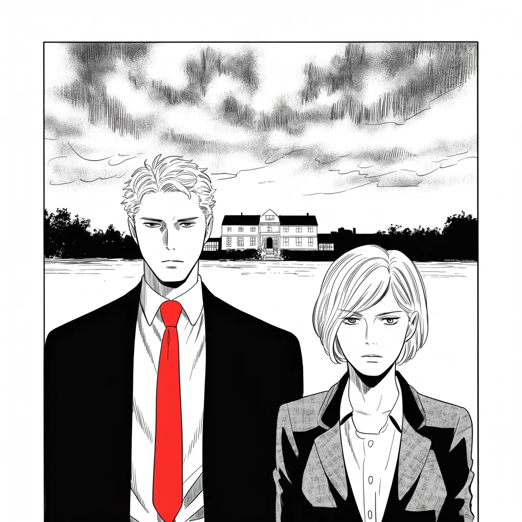 Manga panel 2 of 5, Week 52 “The Thunderbolt and the Black Page”: distant White House framed like a fading castle keep across the middle band of the square frame; a slim dignified man, graying close-cropped hair, calm bearing stands in silhouette beside a composed…