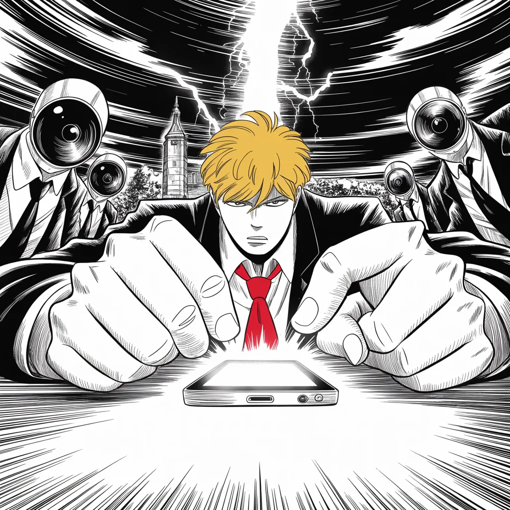 Manga panel 3 of 5, Week 52 “The Thunderbolt and the Black Page”: extreme close-up of heavy thumbs over a glowing phone screen at the center of the square frame, a colossal lightning bolt splitting the night sky behind a dark tower keep, speed lines radiating…