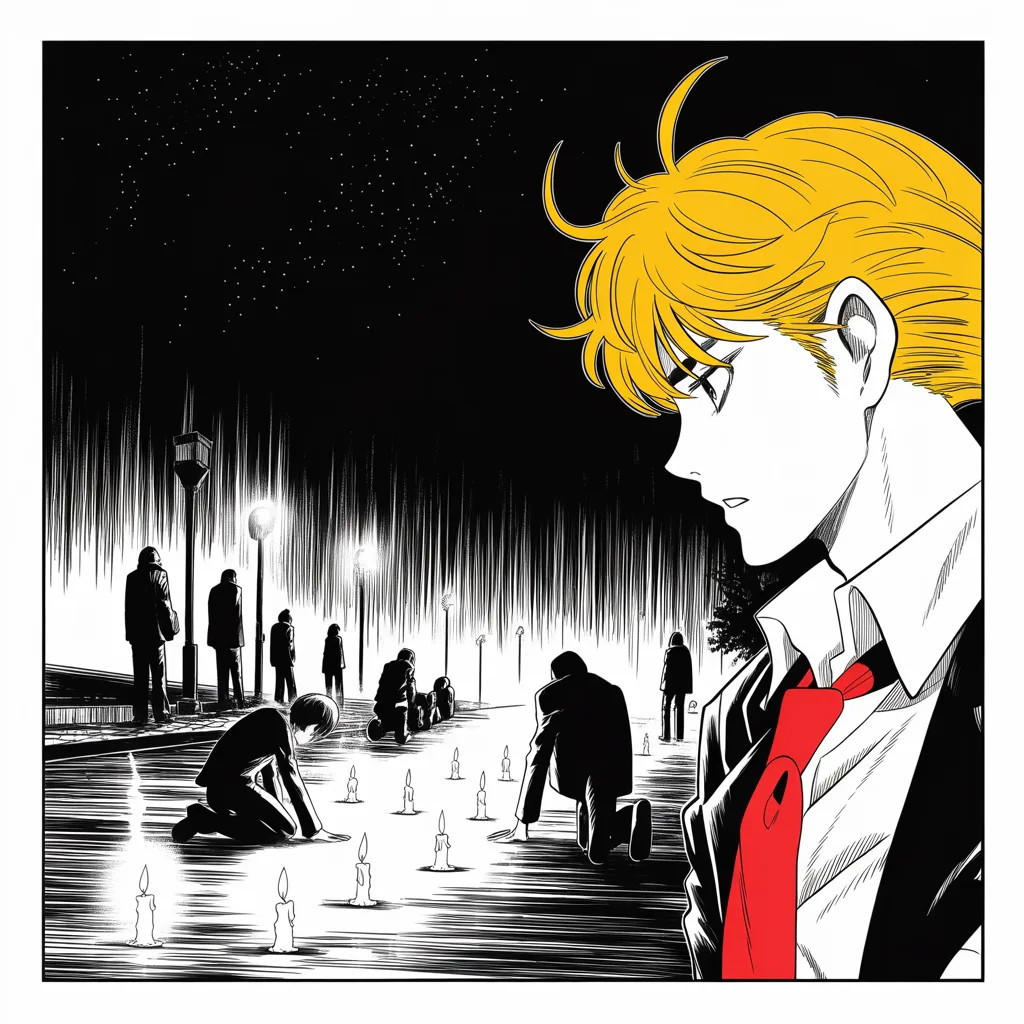 Manga panel 4 of 5, Week 52 “The Thunderbolt and the Black Page”: near-total blackness: distant police lights strobing through halftone rain over a silent city street along the middle band of the square frame, silhouetted figures kneeling among pinpricks of candle…