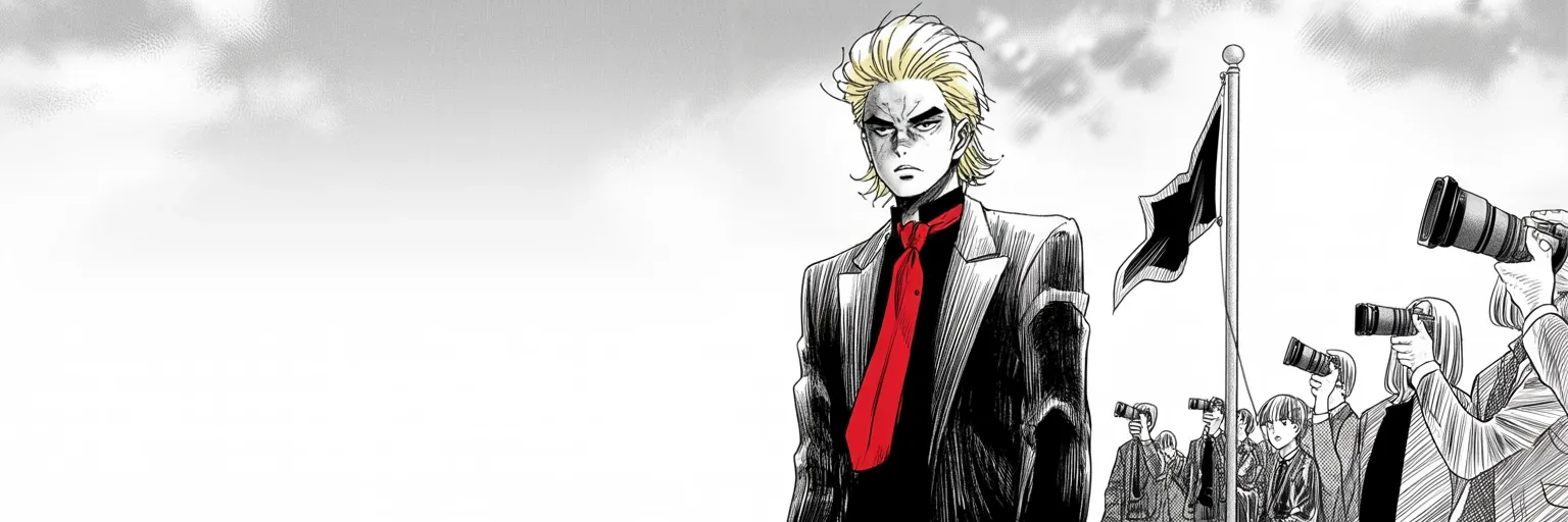 Manga panel 5 of 5, Week 52 “The Thunderbolt and the Black Page”: ultra-wide gray dawn: an imposing older man with a sweeping golden pompadour mane, heavy brow, small intense eyes shadowed, long dark suit, very long red necktie hanging still, stands alone before a…