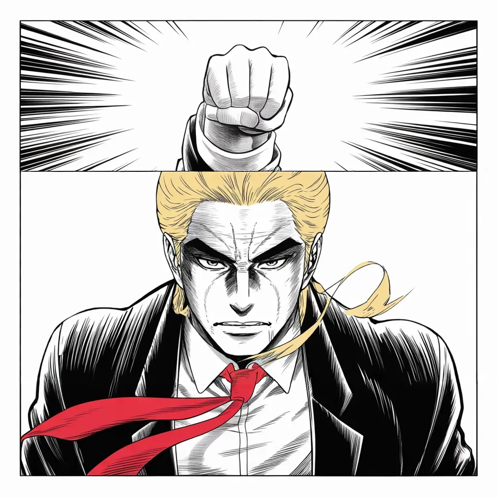 Manga panel 2 of 5, Week 53 “The Pledge and the Empty Room”: imposing older man with a sweeping golden pompadour mane, heavy brow, small intense eyes, strong jowled jaw, long dark suit, very long red necktie flowing like a battle banner shot from below across…