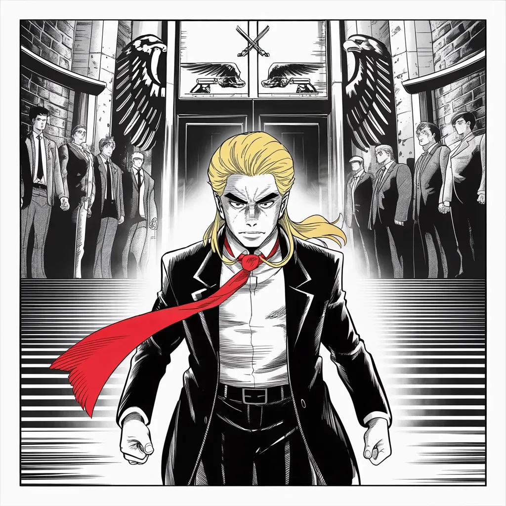 Manga panel 3 of 5, Week 53 “The Pledge and the Empty Room”: imposing older man with a sweeping golden pompadour mane, heavy brow, small intense eyes, strong jowled jaw, long dark suit, very long red necktie flowing like a battle banner strides toward…