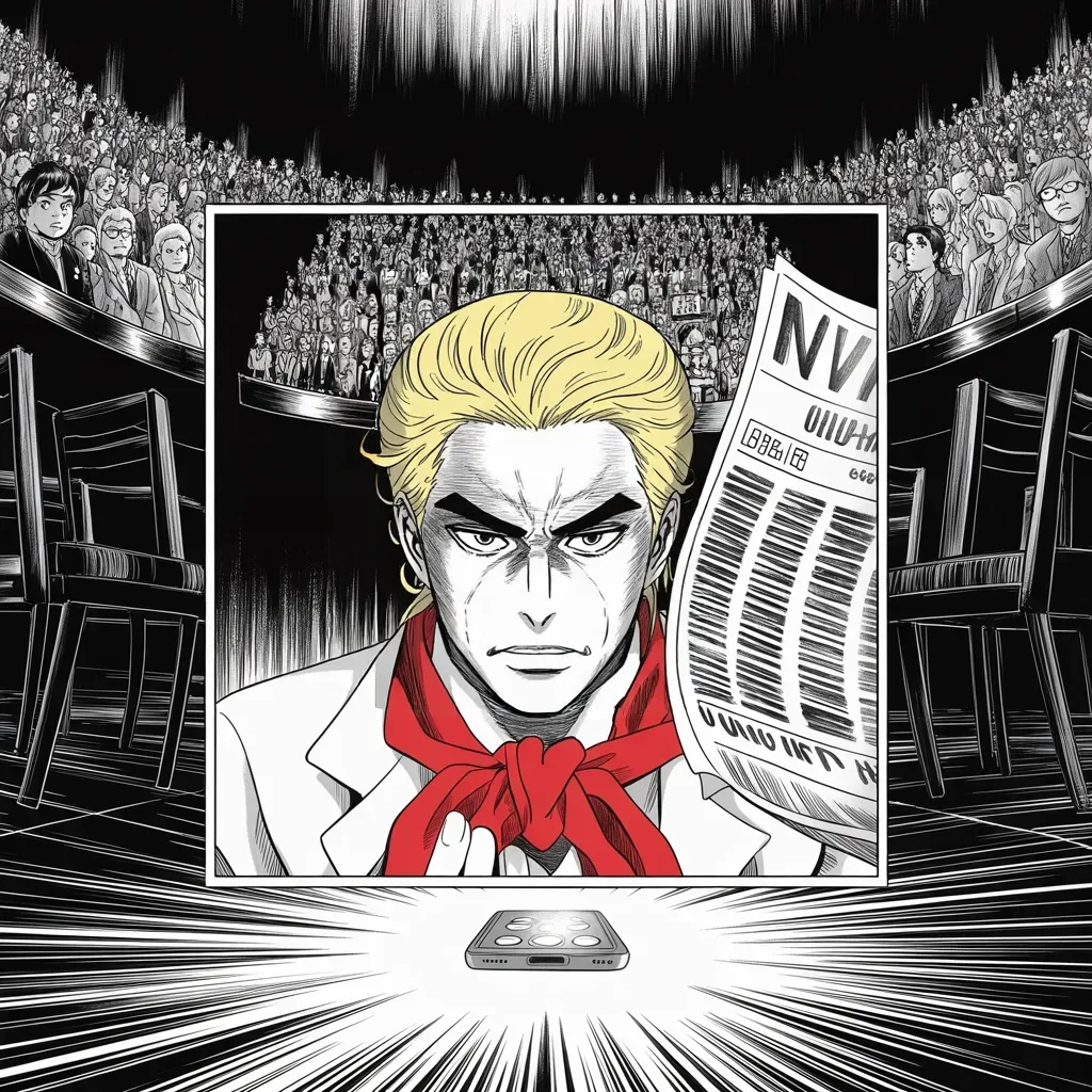 Manga panel 4 of 5, Week 53 “The Pledge and the Empty Room”: in a darkened room a glowing phone lights a heavy-browed face from below at the center of the square frame; behind him a vast rally hall overflows with halftone masses while a crumpled broadsheet…